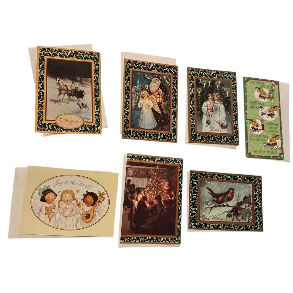 Lot 7 Vintage Christmas Greeting‎ Cards Mixed Designs Envelopes Winter Holiday